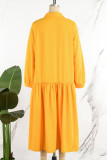 Yellow Sexy Sweet Solid Patchwork Buckle Shirt Collar Long Sleeve Dresses