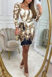 Cream White Casual Print Patchwork Square Collar Long Sleeve Dresses