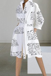 Letter Print Elegant Print Patchwork Buttons Turndown Collar A Line Dresses