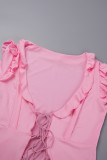 Pink Casual Solid Frenulum V Neck Long Sleeve Two Pieces