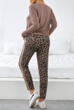 Coffee Casual Print Leopard Patchwork Oblique Collar Two Pieces