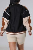 Black Casual Patchwork Contrast Outerwear