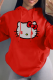 Red Daily Cute Print Draw String Hooded Collar Tops