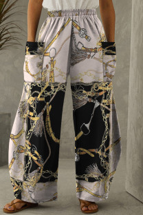 Black Apricot Casual Print Patchwork Pocket Regular High Waist Conventional Full Print Trousers