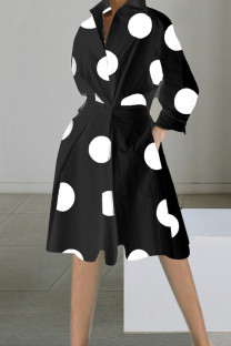 Black White Elegant Print Patchwork Buttons Turndown Collar A Line Dresses