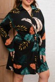 Multicolor Casual Print Patchwork Turndown Collar Long Sleeve Plus Size Dresses