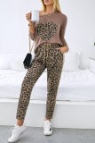 Coffee Casual Print Leopard Patchwork Oblique Collar Two Pieces