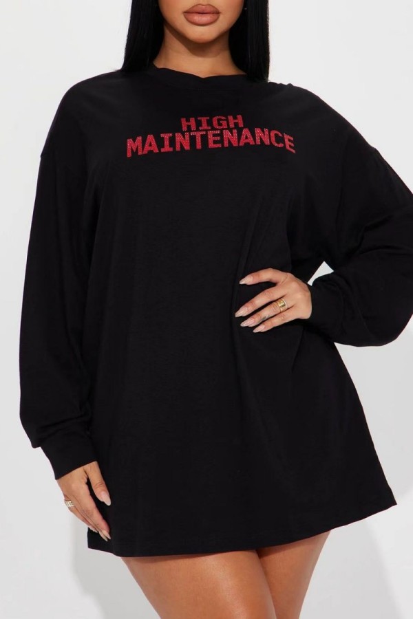 Black Casual Letter Print Basic O Neck Long Sleeve Dresses