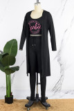 Yellow Casual Print Letter Cardigan Collar Long Sleeve Three Pieces