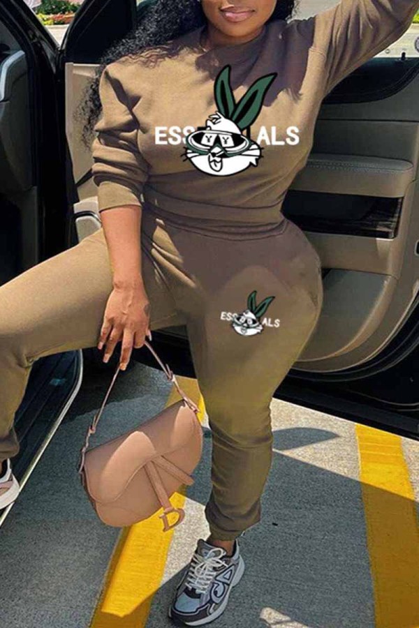 Khaki Casual Character Print Letter O Neck Plus Size Two Pieces