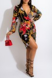 Multicolor Casual Print Frenulum V Neck Long Sleeve Dresses