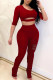 Burgundy Sexy Solid Hollowed Out Patchwork U Neck Half Sleeve Two Pieces