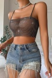 White Sexy Patchwork See-through Backless Rhinestone Spaghetti Strap Tops