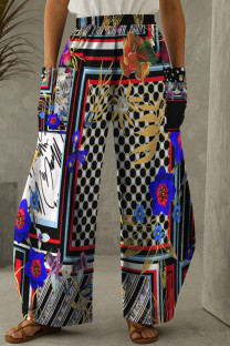 Multicolor Casual Print Patchwork Pocket Regular High Waist Conventional Full Print Trousers