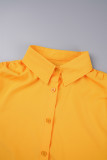 Yellow Sexy Sweet Solid Patchwork Buckle Shirt Collar Long Sleeve Dresses
