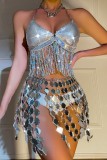 Silver Sexy Patchwork Tassel Chains Backless Halter Tops
