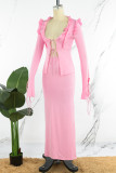 Pink Casual Solid Frenulum V Neck Long Sleeve Two Pieces