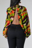 Orange Sexy Print Patchwork Asymmetrical O Neck Tops