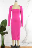 Rose Red Sexy Casual Solid Basic Square Collar Long Sleeve Dresses