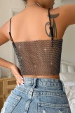 Gold Sexy Patchwork See-through Backless Rhinestone Spaghetti Strap Tops