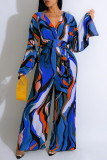 Blue Casual Print Patchwork V Neck Regular Jumpsuits