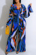 Blue Casual Print Patchwork V Neck Regular Jumpsuits