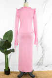 Pink Casual Solid Frenulum V Neck Long Sleeve Two Pieces