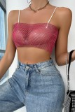White Sexy Patchwork See-through Backless Rhinestone Spaghetti Strap Tops