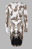 Cream White Casual Print Patchwork Square Collar Long Sleeve Dresses