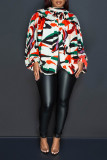 Orange Sexy Print Patchwork Asymmetrical O Neck Tops