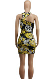 Black Sexy Street Print Hollowed Out Patchwork Backless Halter Printed Dress Dresses