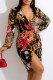 Multicolor Casual Print Frenulum V Neck Long Sleeve Dresses