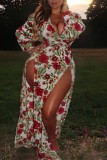 Colour Casual Print Patchwork Slit V Neck Long Sleeve Dresses
