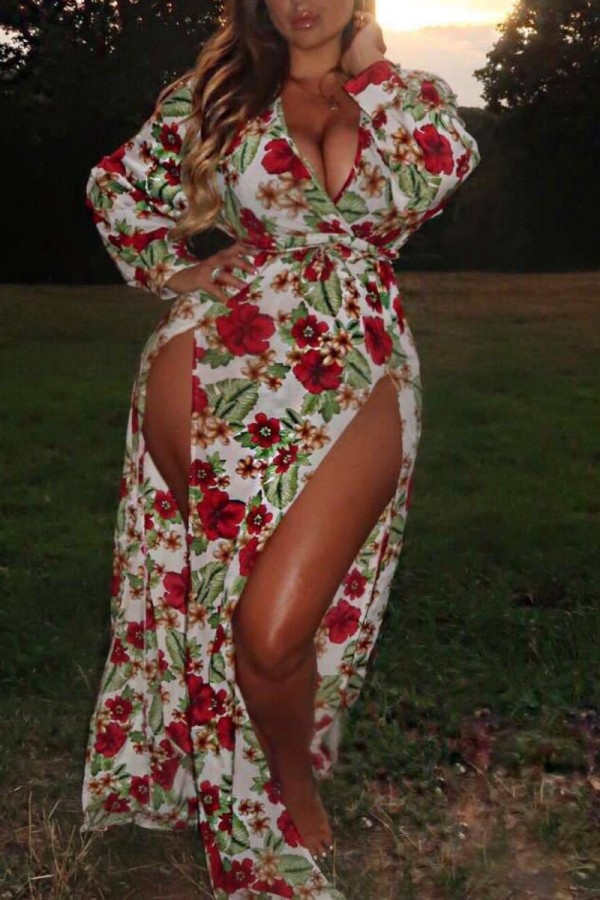 Colour Casual Print Patchwork Slit V Neck Long Sleeve Dresses