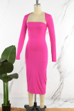 Rose Red Sexy Casual Solid Basic Square Collar Long Sleeve Dresses