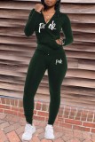 Black Casual Letter Print Patchwork Hooded Collar Long Sleeve Two Pieces