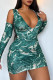 Green Street Striped Hollowed Out Patchwork Printing V Neck Wrapped Skirt Dresses