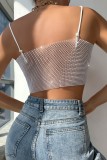 Rose Red Sexy Patchwork See-through Backless Rhinestone Spaghetti Strap Tops