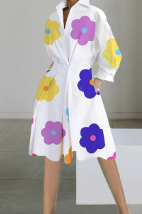 Colour Elegant Print Patchwork Buttons Turndown Collar A Line Dresses