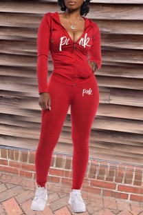 Red Casual Letter Print Patchwork Hooded Collar Long Sleeve Two Pieces