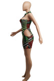 Red Sexy Street Print Hollowed Out Patchwork Backless Halter Printed Dress Dresses