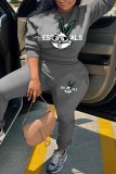Black Casual Character Print Letter O Neck Plus Size Two Pieces