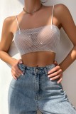 Rose Red Sexy Patchwork See-through Backless Rhinestone Spaghetti Strap Tops