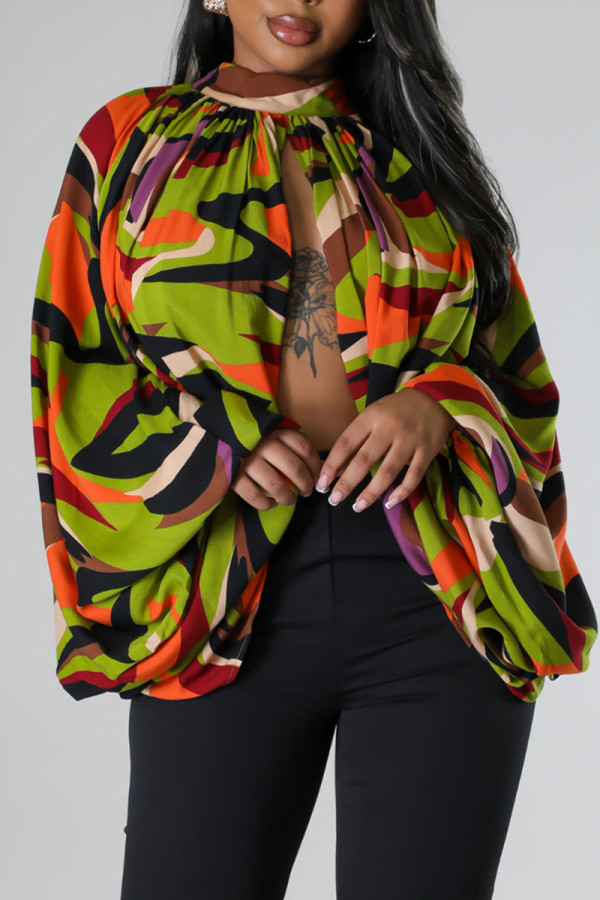 Green Sexy Print Patchwork Asymmetrical O Neck Tops