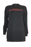 Black Casual Letter Print Basic O Neck Long Sleeve Dresses