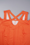 Orange Casual Print Hollowed Out V Neck Long Dress Dresses