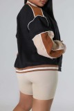 Black Casual Patchwork Contrast Outerwear