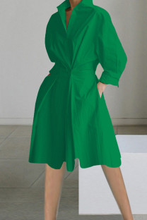 Green Elegant Print Patchwork Buttons Turndown Collar A Line Dresses
