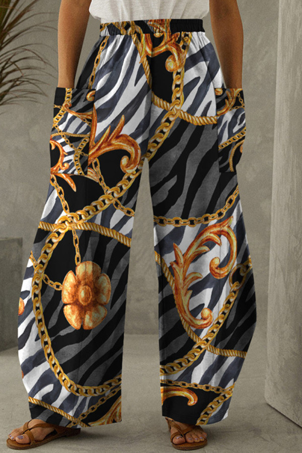 Grey Casual Print Patchwork Pocket Regular High Waist Conventional Full Print Trousers