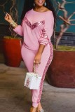 Pink Casual Solid Sequins Patchwork O Neck Long Sleeve Two Pieces